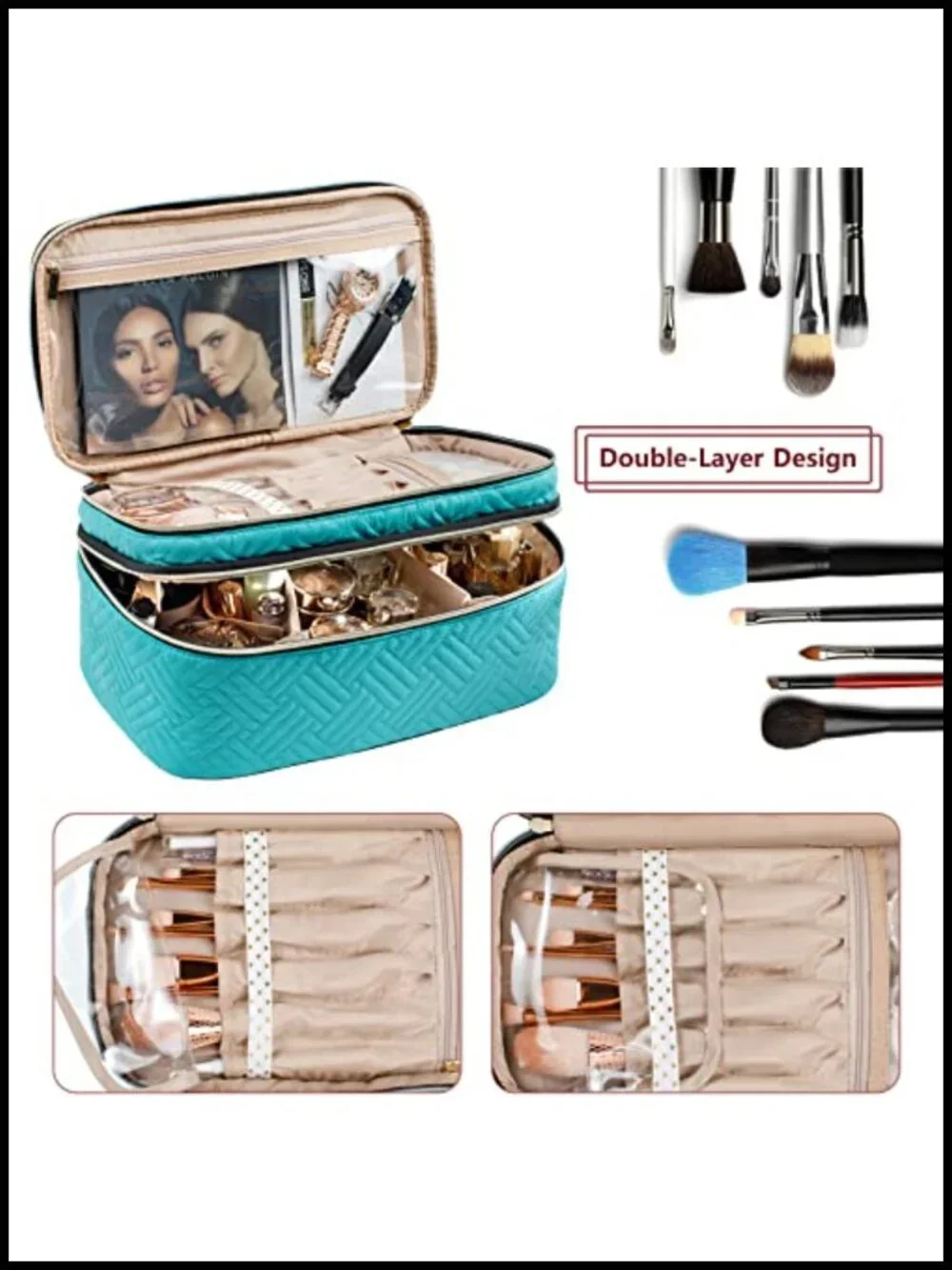 Large Double Layer Train Case Makeup Bag, Water-Resistant Velvet Organizer,
